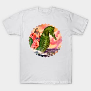 Woman Riding on Giant Seahorse Fantasy Girl Retro T-Shirt